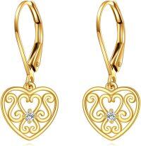 wholesale 14K Gold Filigree Heart Shape Dangle Drop Leverback Earrings for Women-Heart Filigree Earrings