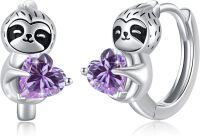 wholesale 925 Sterling Silver Purple Crystal Sloth Huggie Hoop Earrings for Women and Teenage Girls-Purple