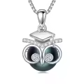TOUPOP S925 Sterling Silver Black Freshwater Pearl Graduation Owl Pendant Necklace-0-0