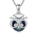TOUPOP S925 Sterling Silver Black Freshwater Pearl Graduation Owl Pendant Necklace-0-0