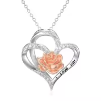 TOUPOP Sterling Silver Rose Necklace with Heart Pendant, Jewelry Gift-undefined
