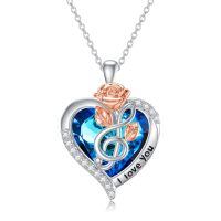 TOUPOP 925 Sterling Silver Blue Crystal Music Note Heart Pendant Necklace-undefined