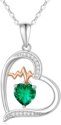 wholesale Sterling Silver Gemstone Love Heart Birthstone Necklace with Heartbeat Pendant for Women Gift for Mother Wife Girlfriend-05-May-Emerald