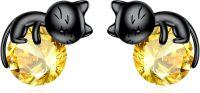 wholesale 925 Sterling Silver Black Cat Stud Earrings with Birthstone-B-November Birthstone Stud