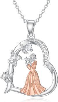 wholesale 925 Sterling Silver Heart-Shaped Pendant with Flute Player Design and Cubic Zirconia Stones - 18 Chain Necklace for Women & Girls-B-Flute