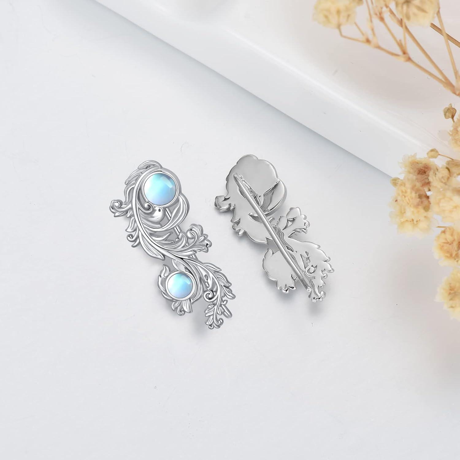 925 Sterling Silver Blue Moonstone Flower Vine Ear Climbers Jewelry for Women Girls Gift-0-2