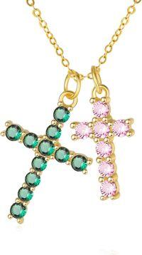 wholesale 14K Gold Sterling Silver Birthstone Double Cross Necklace for Women-05-10-May-Oct