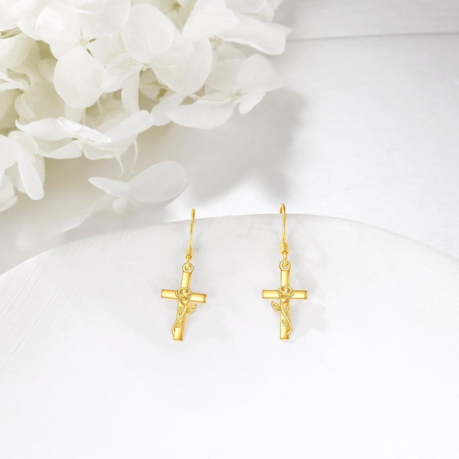 wholesale 14K Gold Diamond Rose Cross Dangle Earrings for Women Christian s-0-1