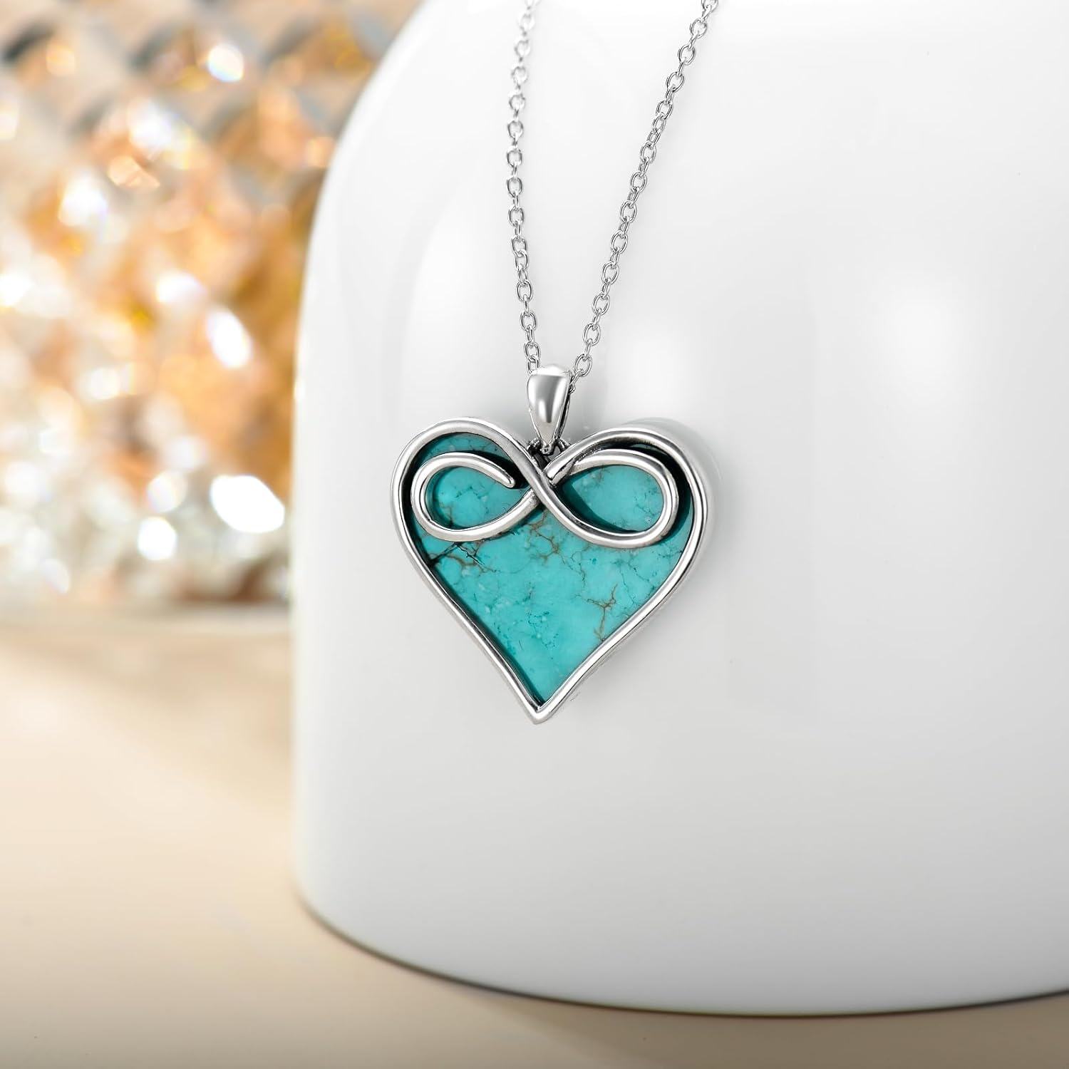 925 Sterling Silver Infinity Turquoise Heart Pendant Necklace Gift for Women-0-2