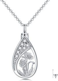 wholesale 925 Sterling Silver Floral Tear Drop Keepsake Pendant Necklaces w/Funnel Set for Women's Memorial Jewelry-08-August-Poppy Flower