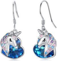 wholesale 925 Sterling Silver Blue Crystal Unicorn Drop Earrings for Women Girls  3cm Long-Zircon
