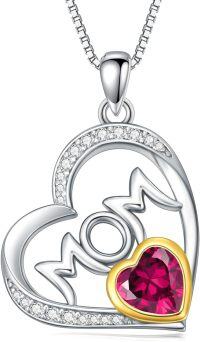wholesale 925 Sterling Silver Gold Heart Mom Necklace with Synthetic Birthstone Pendant-July - Ruby