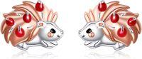 wholesale 925 Sterling Silver Hedgehog Stud Earrings with Red Beads and Rose Gold Accents - Adorable Animal Jewelry for Women-Hedgehog