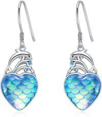 wholesale 925 Sterling Silver Dolphin Heart Shape Iridescent Scale Drop Earrings for Women and Girls-Dolphin