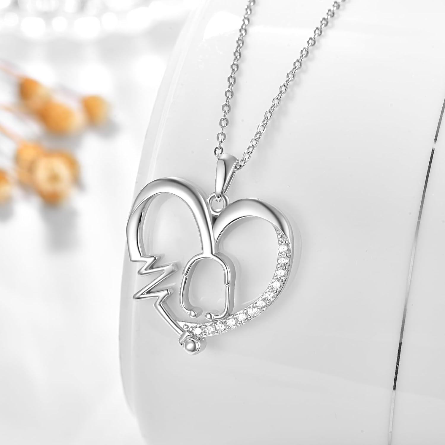Sterling Silver Heart Caduceus Stethoscope Pendant Necklace for Women-0-4