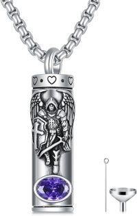 wholesale 925 Sterling Silver Angel Pendant Urn Necklace for Ashes - Christian Memorial Jewelry with Purple Crystal and Funnel Set -Cylinder Saint Michael Urn Necklace