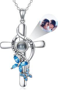 wholesale 925 Sterling Silver Butterfly Projection Cross Necklace w/Blue Crystals & I Love You Multi-Language Inscription - For Women/Girls-B-Butterfly-Customized Photo-B-Butterfly-B1-Butterfly-Customized Photo