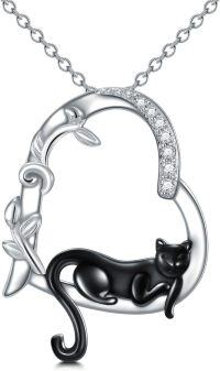 wholesale 925 Sterling Silver Black Cat Moon Pendant Necklace with Cubic Zirconia Stones for Women-Black Cat 02