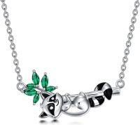 wholesale 925 Sterling Silver Raccoon Pendant Necklace with Green Crystal Accents and Black Enamel Details - Gifts for Her Him-Raccoon