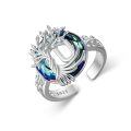 TOUPOP Sterling Silver Blue Crystal Adjustable Initial Ring For Women-0-0