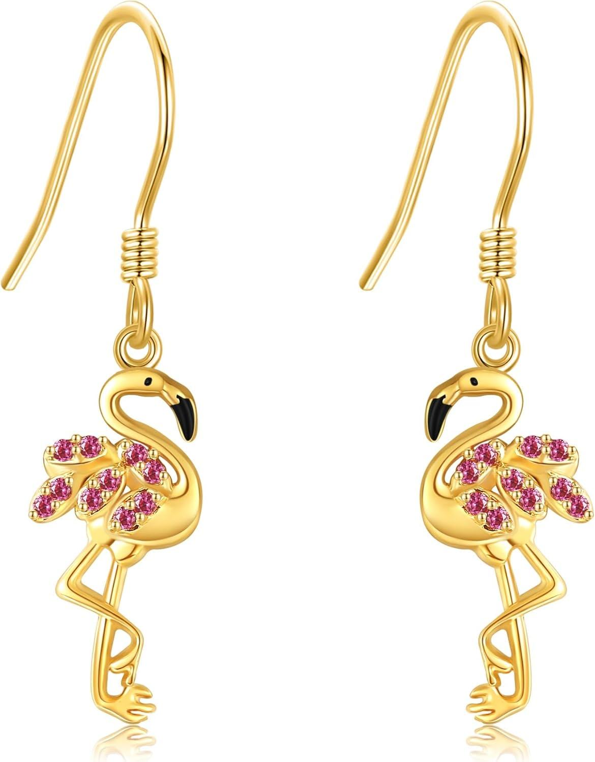 wholesale 14K Gold Flamingo Shape Pink Crystal Drop Earrings 14K Gold  s for Her-0-0