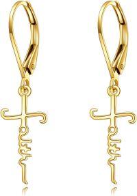 wholesale 14K Gold  Cross Drop Earrings with Lotus and Sunflower Design-Faith Cross Leverback