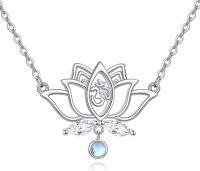 wholesale 925 Sterling Silver Lotus Flower Om Symbol with Blue Moonstone and Cubic Zirconia Pendant Necklace for Women Girls  43cm Chain Length-Lotus