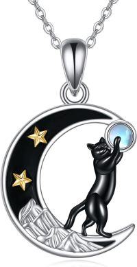 wholesale 925 Sterling Silver Moon & Black Cat Pendant Necklace with Star and Stone Charm s for Women-cat moonstone necklace