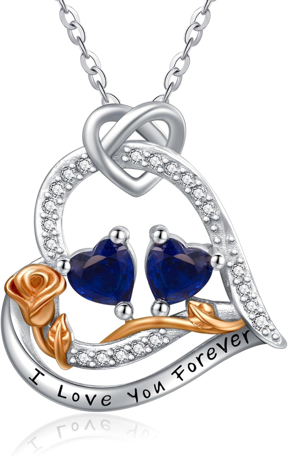  Sterling Silver 2 Birthstones Rose Heart Necklace for Women -09-09-Sept-Sept