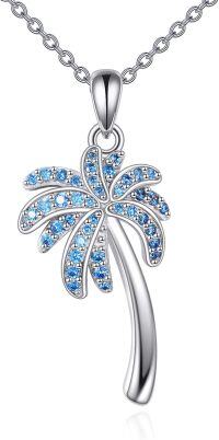 wholesale Rhodium Plated 925 Sterling Silver Palm Tree Pendant Necklace, Nickel-Free Hypoallergenic Jewelry Gift for Women-Blue Palm Tree