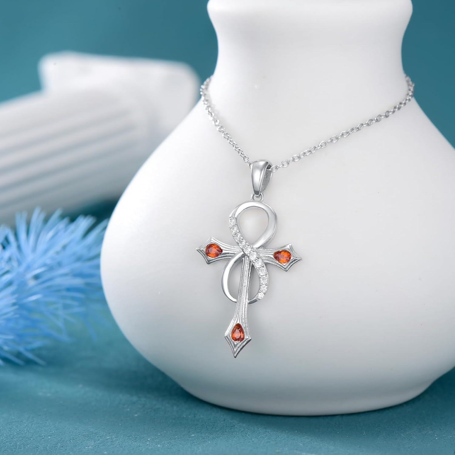 wholesale 925 Sterling Silver Ankh Cross with Garnets & CZs Pendant Necklace-0-4