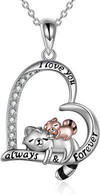 wholesale 925 Sterling Silver Heart-Shaped Love Always & Forever Cat and Raccoon Pendant Necklace for Women-two red panda