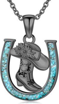 wholesale Sterling Silver Stone Western Cowboy Horseshoe Necklace Cowgirl Gift-Cowboy Boot-Black Gold