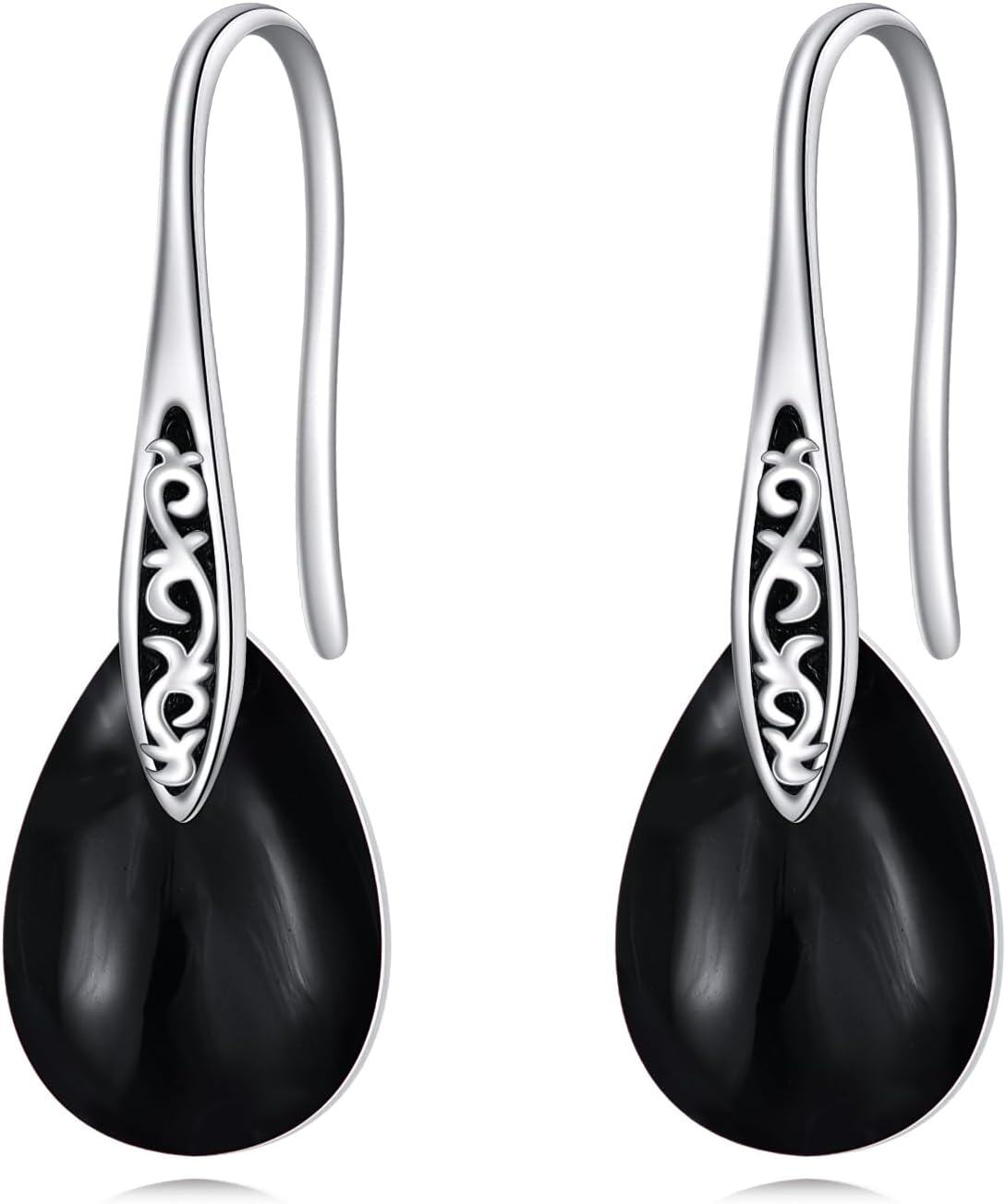 Sterling Silver Birthstone Vintage Teardrop Dangle Earrings for Women-Black Onyx Stone