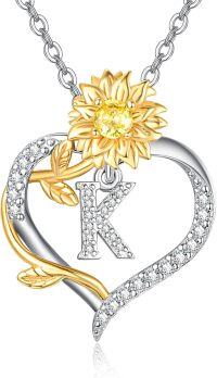 wholesale Gold Plated Sterling Silver Sunflower Letter Heart Pendant Necklace for Women-Letter K