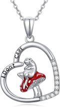 wholesale 925 Sterling Silver I Don't Care Heart-Shaped Red Enamel Mushroom Frog Pendant Necklace for Women Girls Gifts-0-0