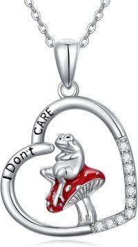 wholesale 925 Sterling Silver I Don't Care Heart-Shaped Red Enamel Mushroom Frog Pendant Necklace for Women Girls Gifts-Frog