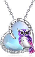 wholesale 925 Sterling Silver Purple Owl on Blue Moon Stone Heart Pendant Necklace for Women-0-0
