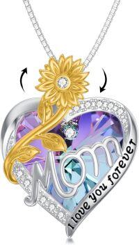 wholesale 925 Sterling Silver Purple Swarovski Crystal Mom Love You Forever Heart Sunflower Pendant Necklace-Mom-Purple Crystal