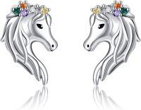 wholesale 925 Sterling Silver Unicorn Head Stud Earrings with Multi-Colored Stones and Crown Design for Women Girls Gift-Horse Earrings