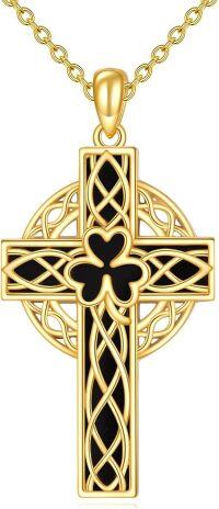 wholesale Gold 925 Sterling Silver Celtic Knot Cross Pendant with Black Clover and Chain Set for Women Irish Religious Jewelry 45cm Length-Irish Cross Clover Necklace