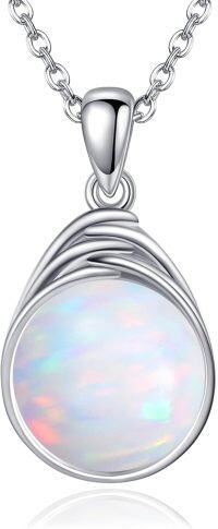 wholesale Sterling Silver Larimar Turquoise Moss Agate Rose Quartz White Opal Labradorite Lapis Lazuli Pendant Necklace-White Opal