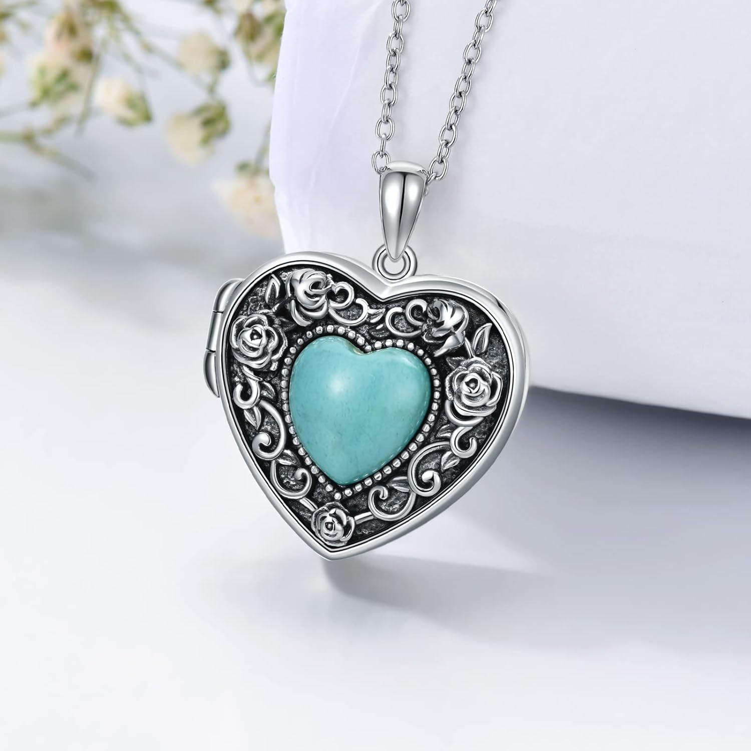 Sterling Silver Turquoise Heart Locket Necklace for Women Grandma-0-3