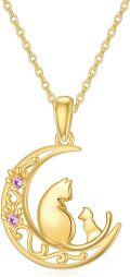 wholesale 14K Gold Crescent Moon with Cats and Purple Stones Pendant Necklace for Women - 18 Chain Length-0-0