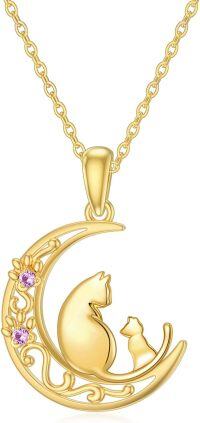 wholesale 14K Gold Crescent Moon with Cats and Purple Stones Pendant Necklace for Women - 18 Chain Length-Cat