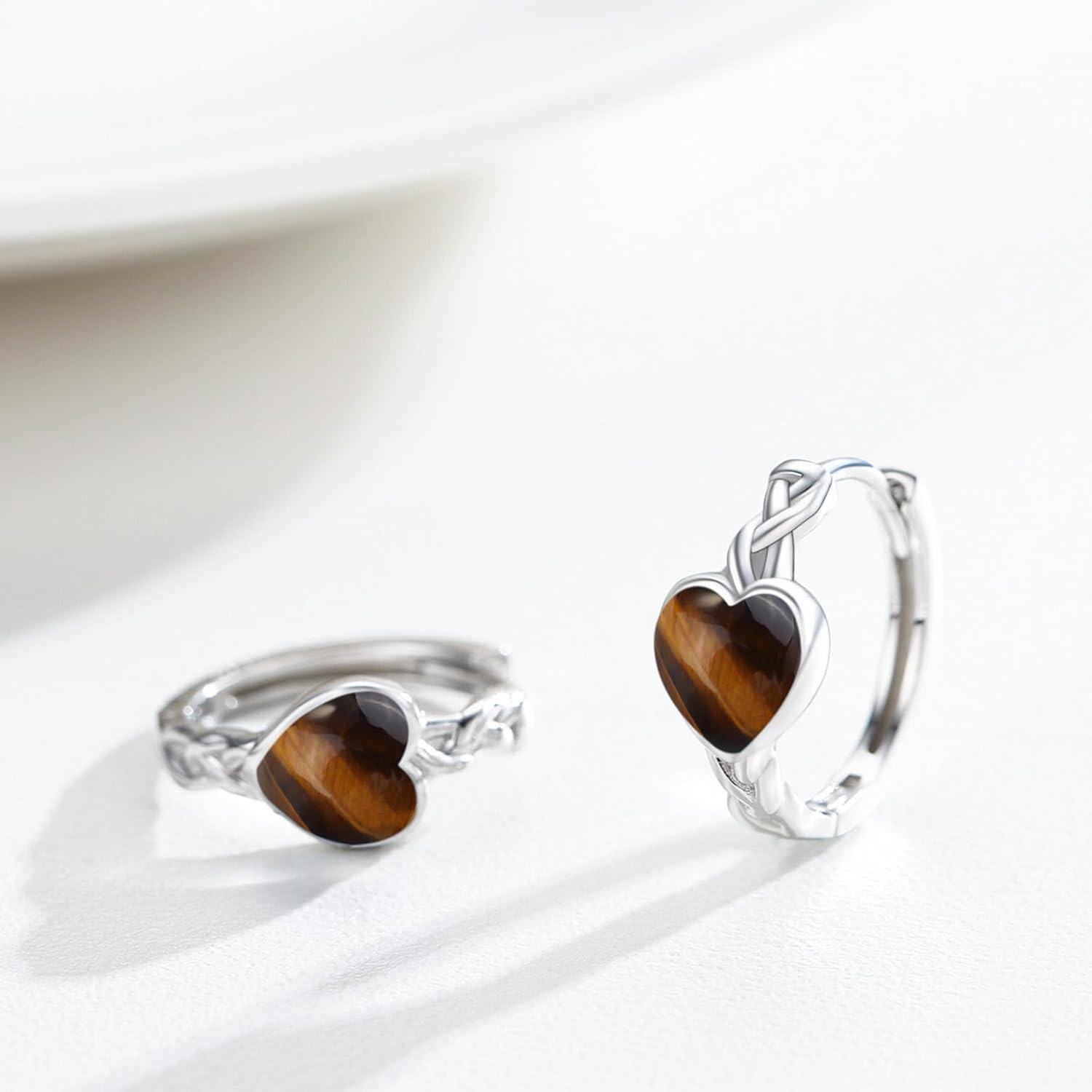 925 Sterling Silver Tiger Eye Stone Celtic Heart Hoop Earrings - Small Huggies  for Her-0-1