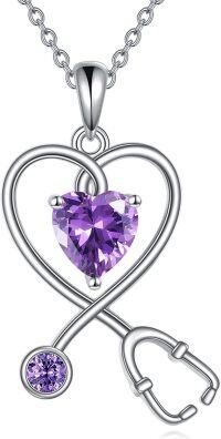 wholesale 925 Sterling Silver Birthstone Stethoscope Heart Necklace for Nurse-February birthstone