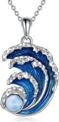 wholesale 925 Sterling Silver Ocean Wave Blue Enamel Pendant Necklace for Women Girls-0-0