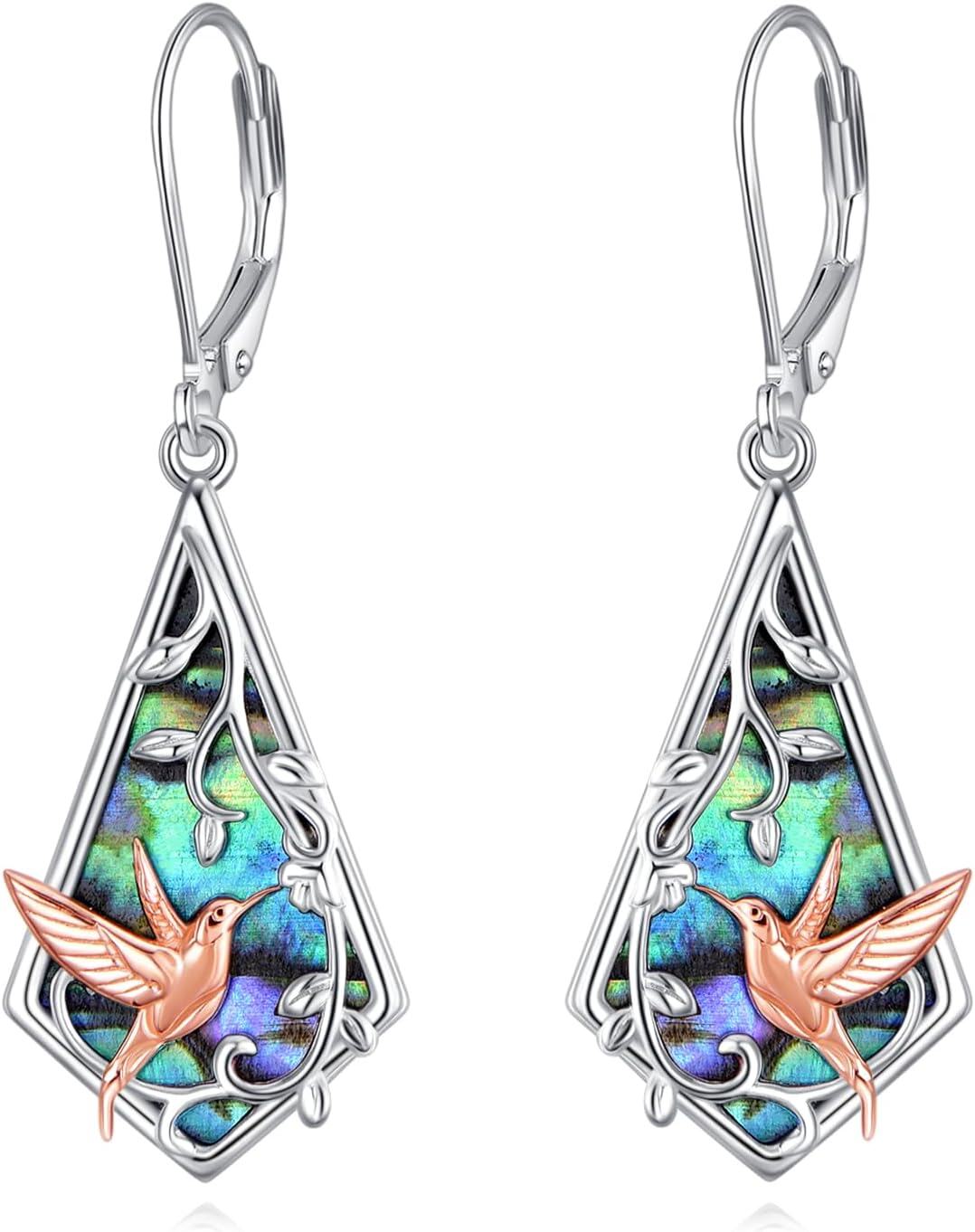 Sterling Silver Moonstone Bee Cow Dragonfly Earrings Animal Jewelry Gift-Hummingbird Abalone