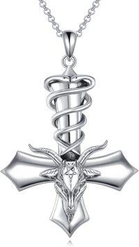 wholesale 925 Sterling Silver Goat Head Cross Pendant Necklace with Pentagram and Snake Design-Baphomet